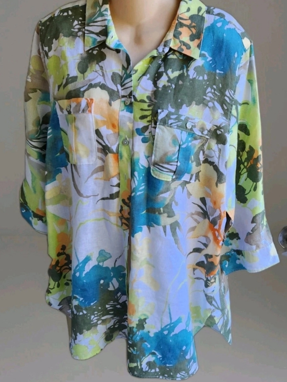 Chico's 3 Linen Non Iron 3/4 Sleeve Collared Button Front Shirt Floral XL